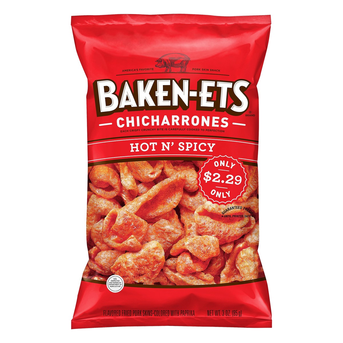 slide 1 of 3, BAKEN-ETS Chicharrones Fried Pork Skins Hot'N Spicy 3 Oz, 3 oz