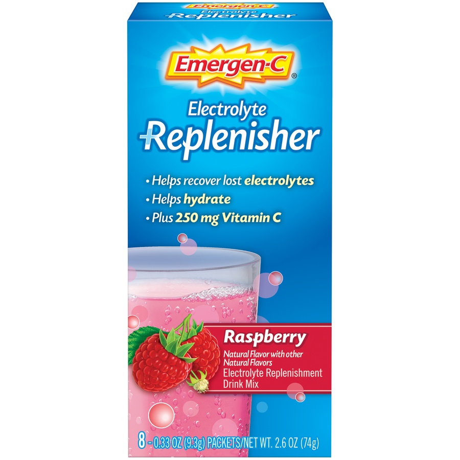 slide 1 of 8, Emergen-C  Emergen-C Electrolyte Replenisher Raspberry Electrolyte Replenishment Drink Mix, 90 ct; 0.33 oz