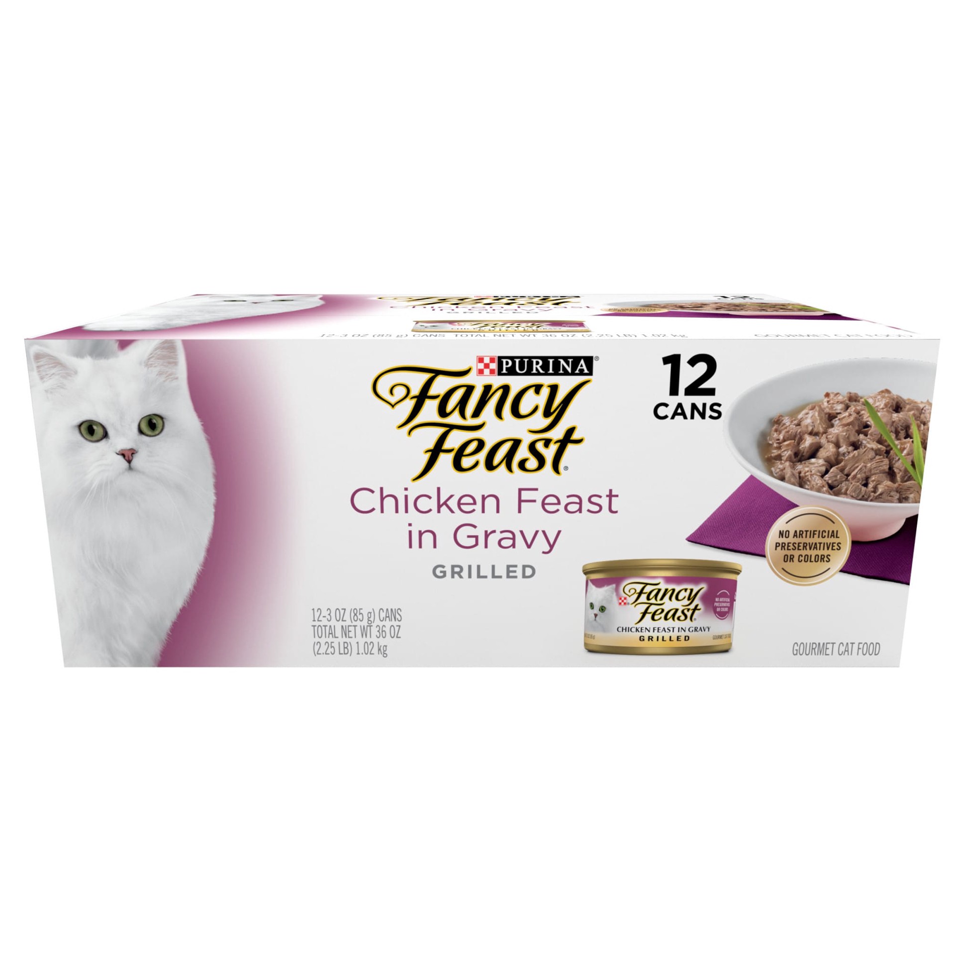 slide 1 of 9, Purina Fancy Feast Grilled Wet Cat Food Chicken Feast in Wet Cat Food Gravy, 12 ct; 3 oz