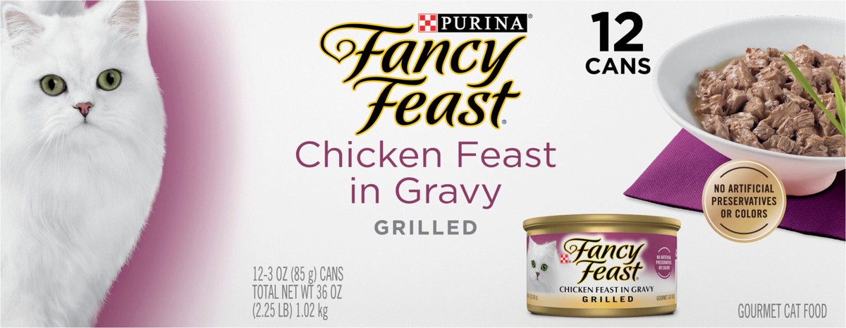 slide 4 of 9, Purina Fancy Feast Grilled Wet Cat Food Chicken Feast in Wet Cat Food Gravy, 12 ct; 3 oz