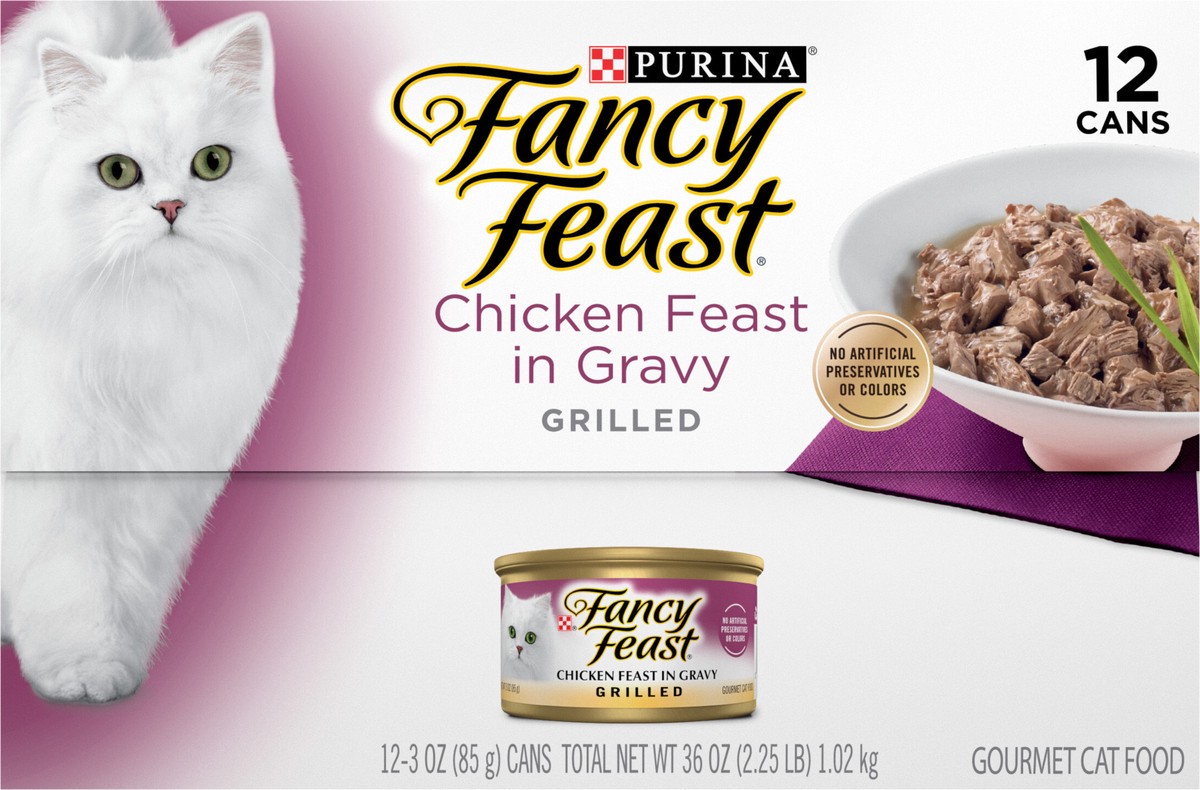 slide 2 of 9, Purina Fancy Feast Grilled Wet Cat Food Chicken Feast in Wet Cat Food Gravy, 12 ct; 3 oz