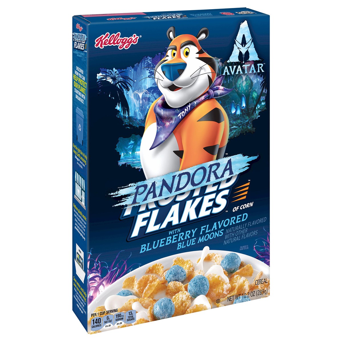 slide 9 of 10, Frosted Flakes Kellogg's Frosted Flakes Avatar Breakfast Cereal, Pandora Cereal, Kids Snacks, Original with Blueberry Flavored Blue Moons, 10.2oz, 1 Box, 10.2 oz