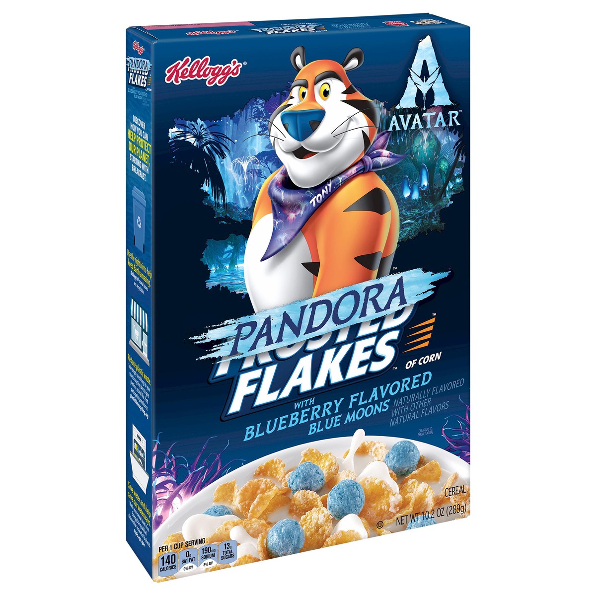 slide 8 of 10, Frosted Flakes Kellogg''s Frosted Flakes Avatar Breakfast Cereal, Pandora Cereal, Kids Snacks, Original with Blueberry Flavored Blue Moons, 10.2oz, 1 Box, 10.2 oz