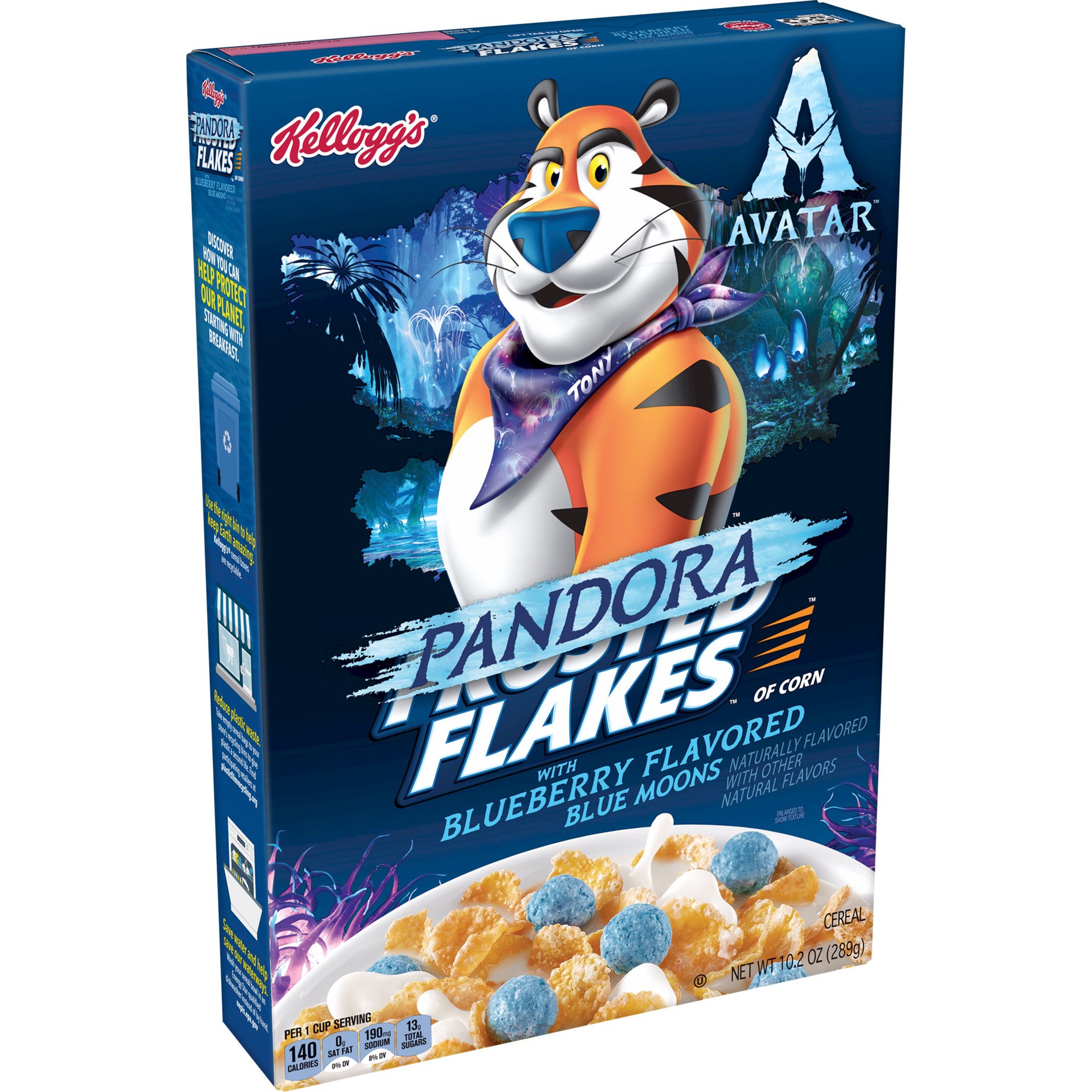 slide 1 of 10, Frosted Flakes Kellogg''s Frosted Flakes Avatar Breakfast Cereal, Pandora Cereal, Kids Snacks, Original with Blueberry Flavored Blue Moons, 10.2oz, 1 Box, 10.2 oz