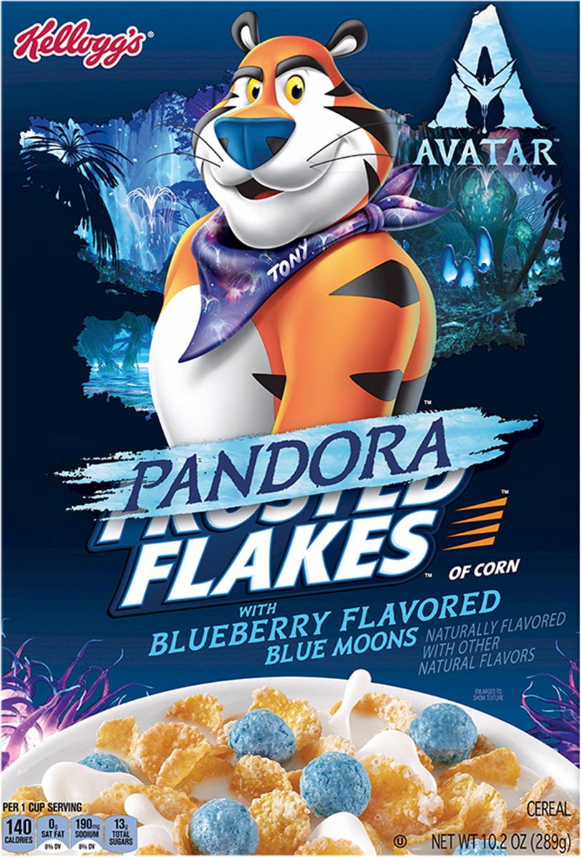 slide 3 of 10, Frosted Flakes Kellogg''s Frosted Flakes Avatar Breakfast Cereal, Pandora Cereal, Kids Snacks, Original with Blueberry Flavored Blue Moons, 10.2oz, 1 Box, 10.2 oz