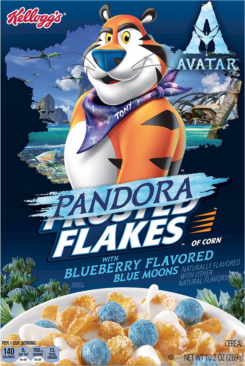 slide 5 of 10, Frosted Flakes Kellogg's Frosted Flakes Avatar Breakfast Cereal, Pandora Cereal, Kids Snacks, Original with Blueberry Flavored Blue Moons, 10.2oz, 1 Box, 10.2 oz
