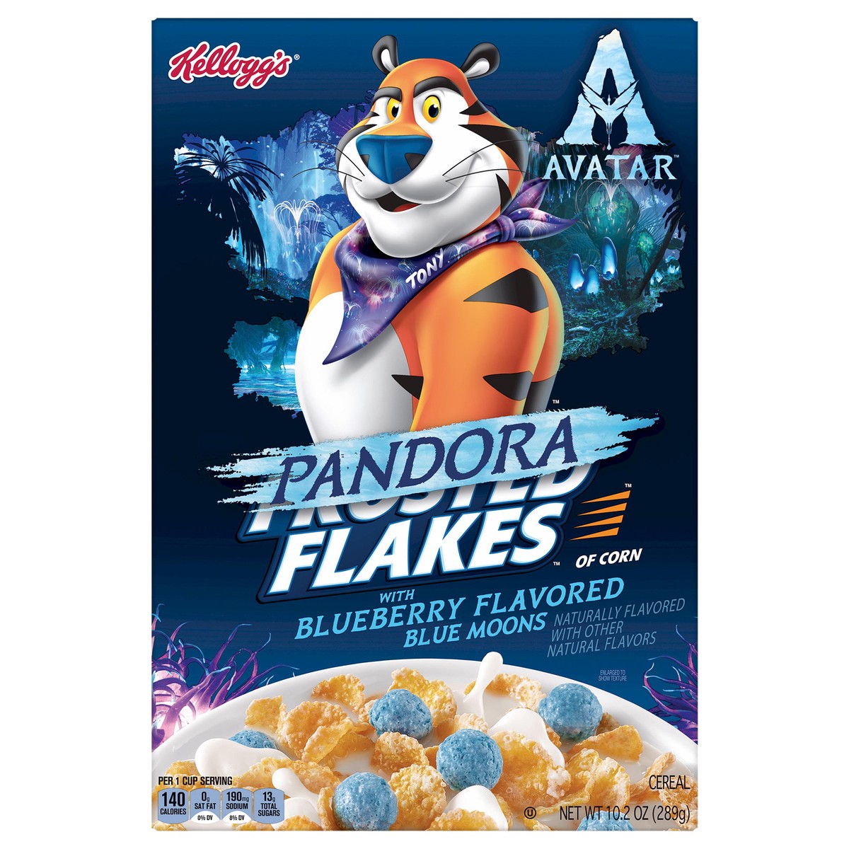 slide 2 of 10, Frosted Flakes Kellogg's Frosted Flakes Avatar Breakfast Cereal, Pandora Cereal, Kids Snacks, Original with Blueberry Flavored Blue Moons, 10.2oz, 1 Box, 10.2 oz