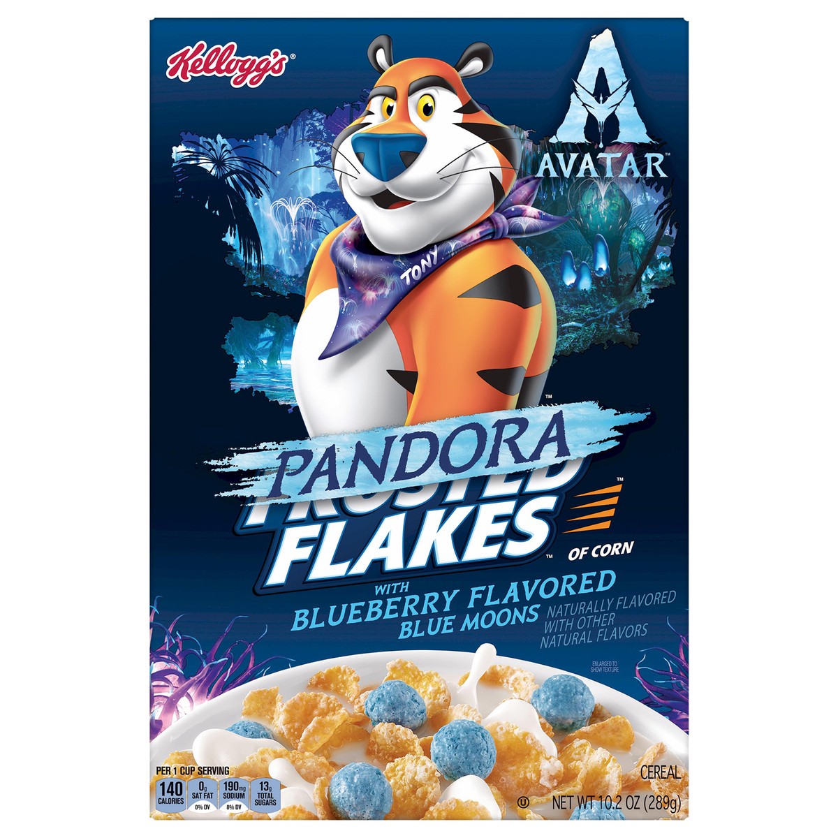 slide 5 of 10, Frosted Flakes Kellogg''s Frosted Flakes Avatar Breakfast Cereal, Pandora Cereal, Kids Snacks, Original with Blueberry Flavored Blue Moons, 10.2oz, 1 Box, 10.2 oz