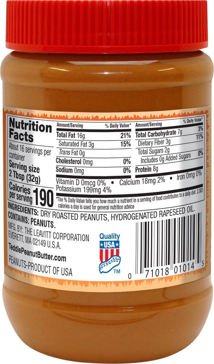 slide 8 of 11, Teddie Regular Peanut Butter Smooth No Salt No Sugar Added, 18 oz