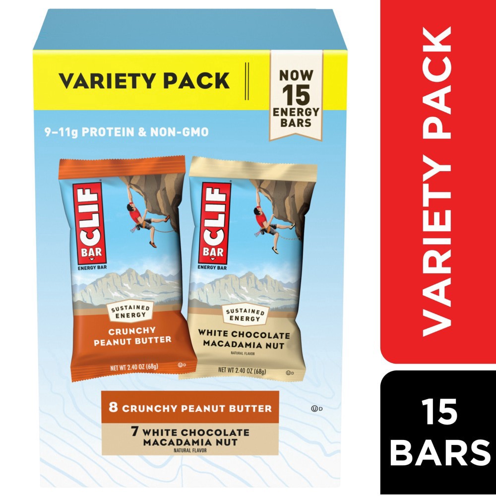 slide 1 of 5, CLIF BAR - Crunchy Peanut Butter and White Chocolate Macadamia Nut Flavor - Variety Pack - Made with Organic Oats - 9-11g Protein - Non-GMO - Plant Based - Energy Bars - 2.4 oz. (15 Pack), 36 oz