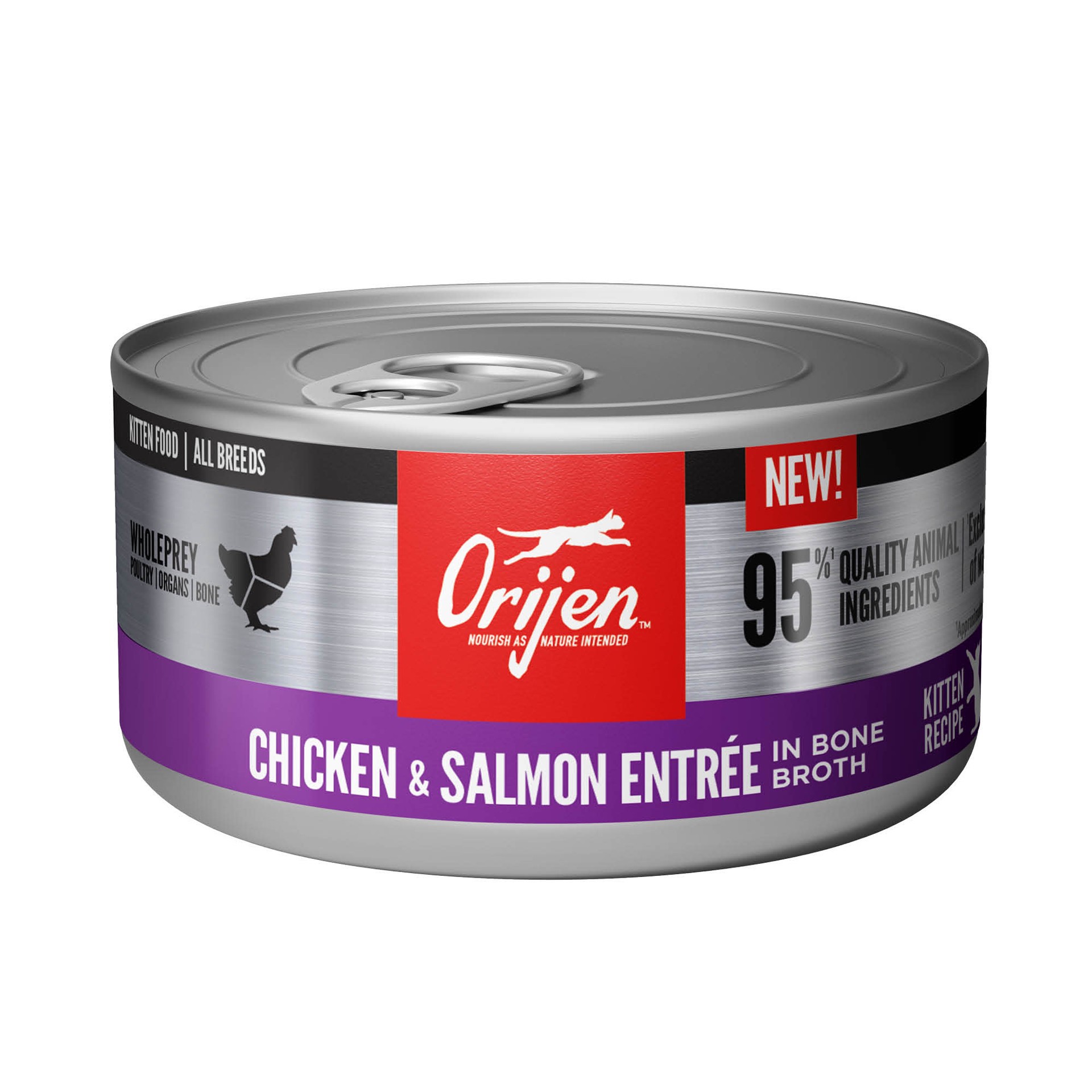 slide 1 of 4, ORIJEN Chicken + Salmon Entrée in Bone Broth - Kitten Recipe, 3oz, case of 24 cans, 3 oz