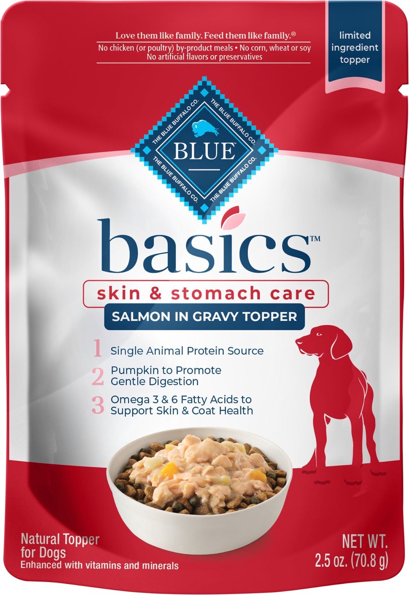 slide 2 of 5, Blue Buffalo Basics Skin & Stomach Care Natural Wet Dog Food Topper, Salmon in Gravy 2.5oz Pouch, 2.5 oz