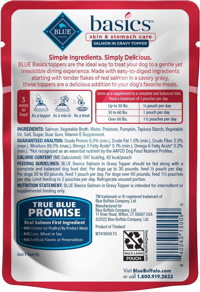 slide 3 of 5, Blue Buffalo Basics Skin & Stomach Care Natural Wet Dog Food Topper, Salmon in Gravy 2.5oz Pouch, 2.5 oz