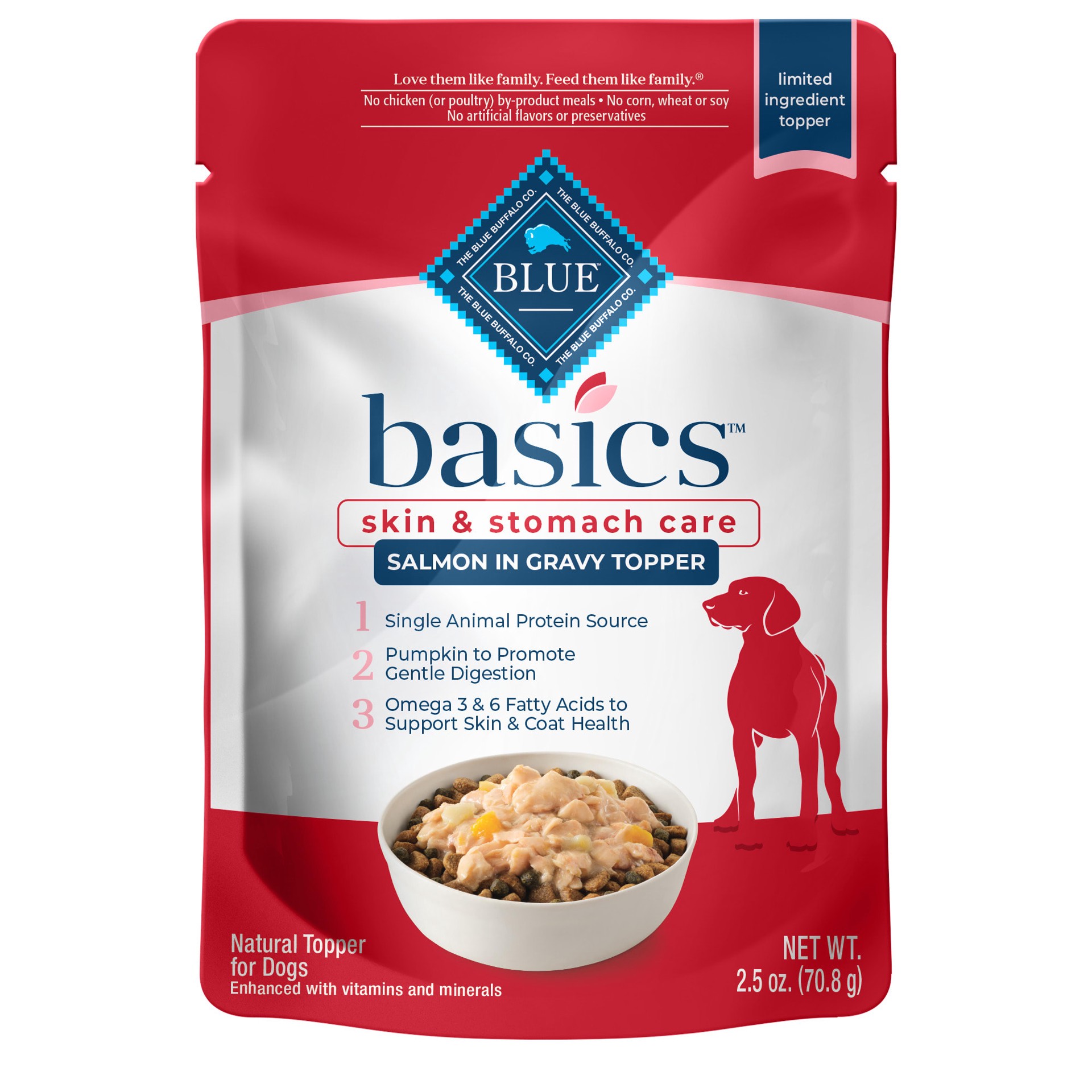 slide 1 of 5, Blue Buffalo Basics Skin & Stomach Care Natural Wet Dog Food Topper, Salmon in Gravy 2.5oz Pouch, 2.5 oz