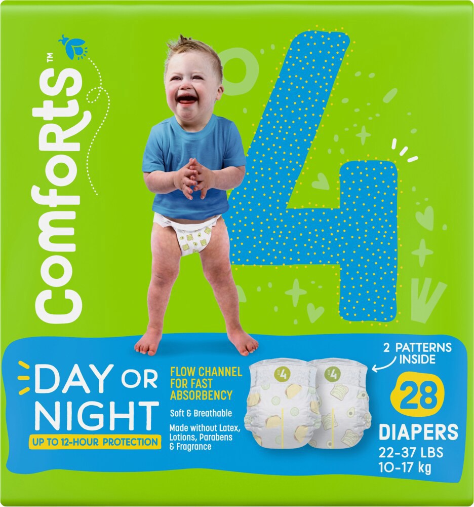 slide 3 of 4, Comforts Jumbo Baby Diapers Size 4 (22-37 Lbs), 28 ct