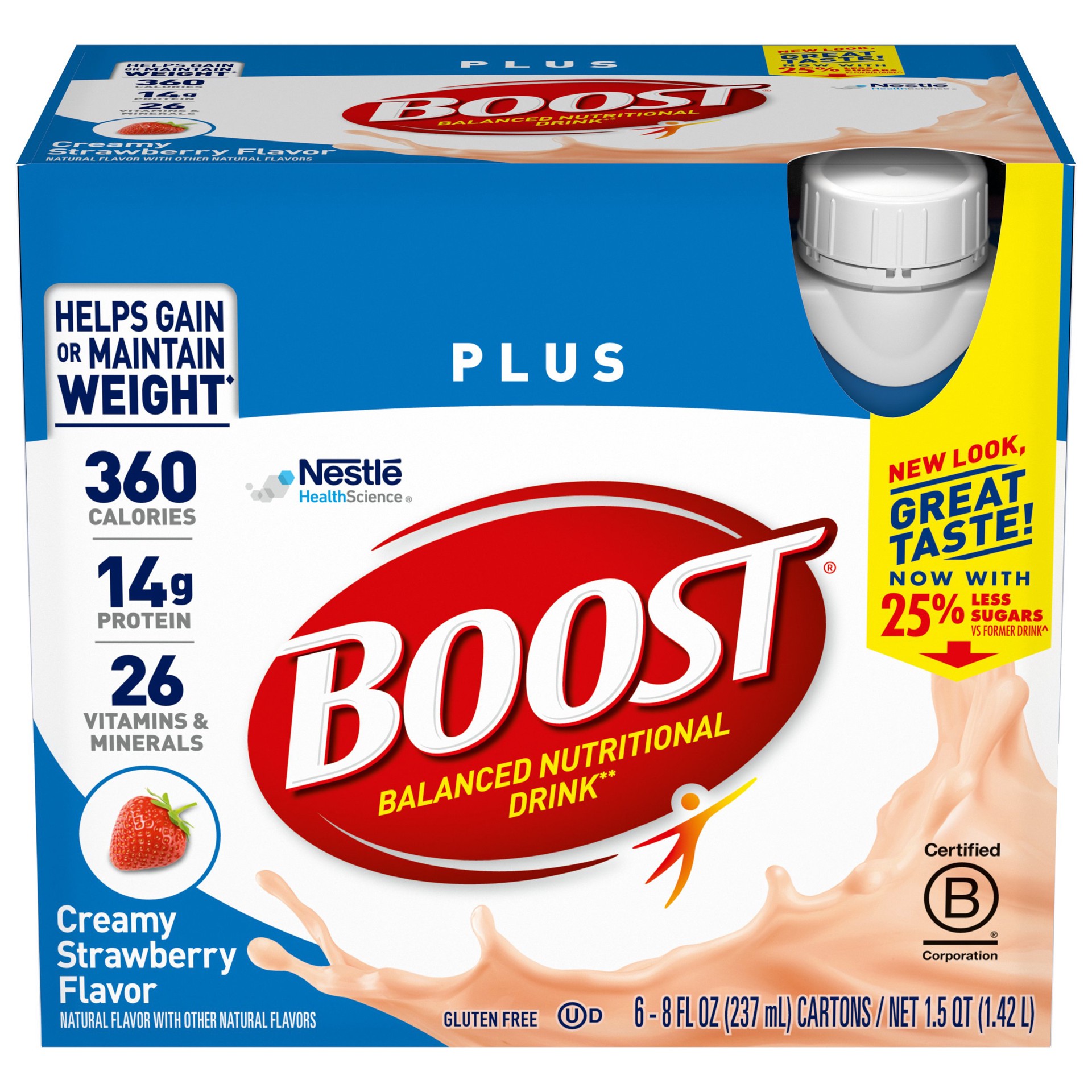 slide 1 of 9, BOOST Plus Ready to Drink Nutritional Drink, Creamy Strawberry, 14 g Protein, 6 - 8 fl oz Cartons, 8 fl oz