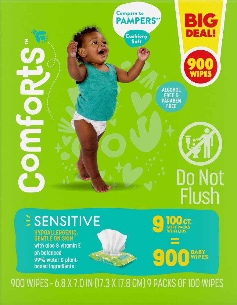 slide 3 of 4, Comforts Sensitive Baby Wipes, 9 ct / 100 ct