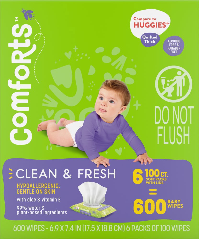 slide 3 of 4, Comforts Clean Scent Baby Wipes 6Pk/100 Ct, 100 ct