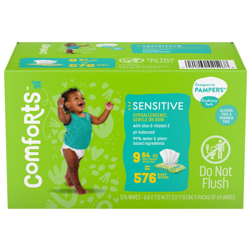 slide 1 of 5, Comforts Sensitive Baby Wipes 9X Soft Pack Box, 9 ct / 64 ct
