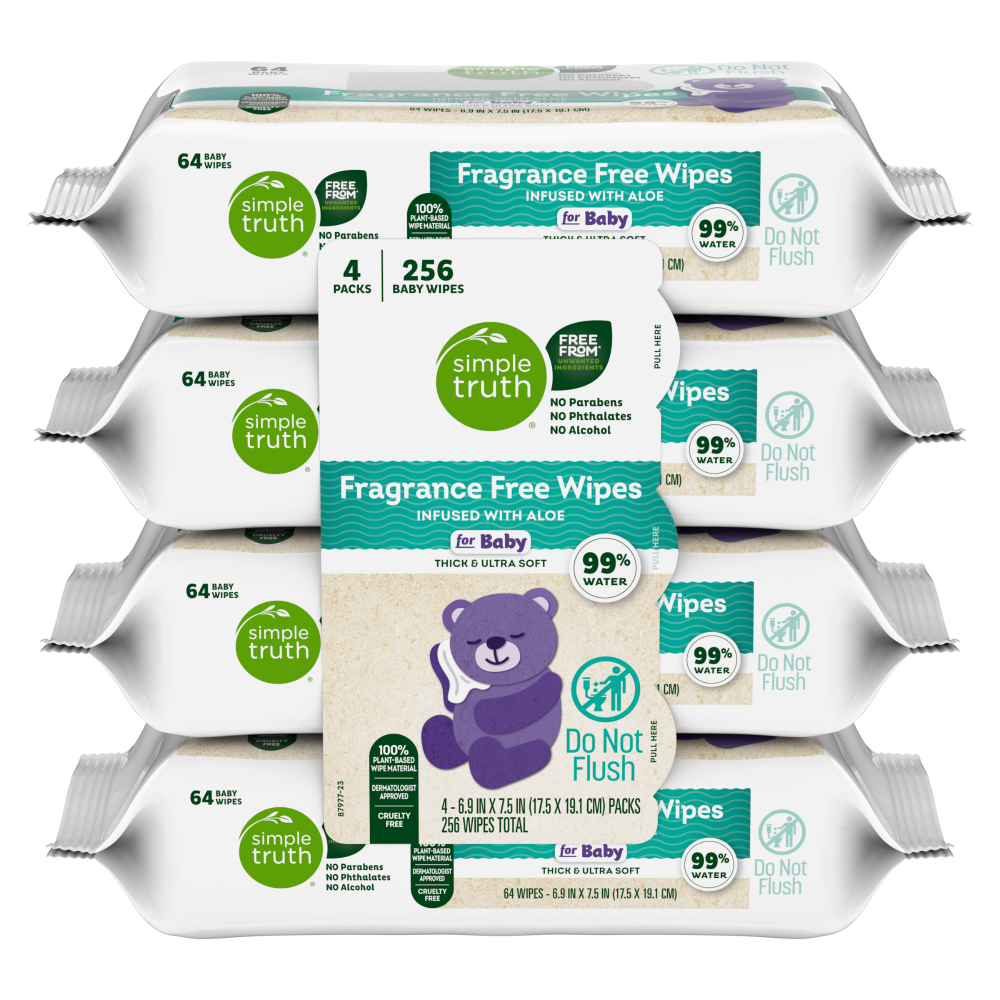 slide 1 of 5, Simple Truth Fragrance Free Baby Wipes, 4 ct / 64 ct