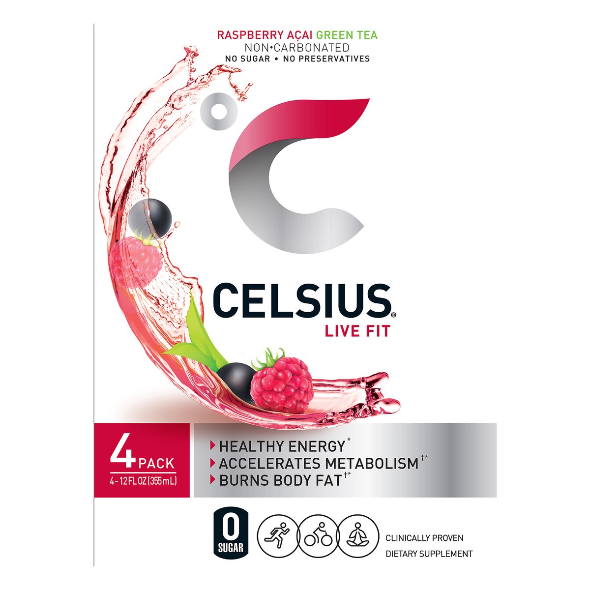 slide 1 of 7, CELSIUS Live Fit 4 Pack Sparkling Raspberry Acai Green Tea Energy Drink 4 ea, 4 ct