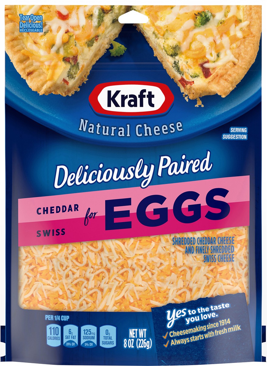 slide 7 of 11, Kraft Deliciously Paired Cheddar & Swiss Shredded Cheese for Eggs, 8 oz Bag, 8 oz