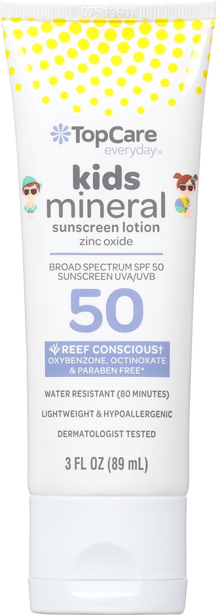 slide 1 of 9, TopCare Everyday Kids Mineral Broad Spectrum SPF 50 Sunscreen Lotion 3 fl oz, 3 oz