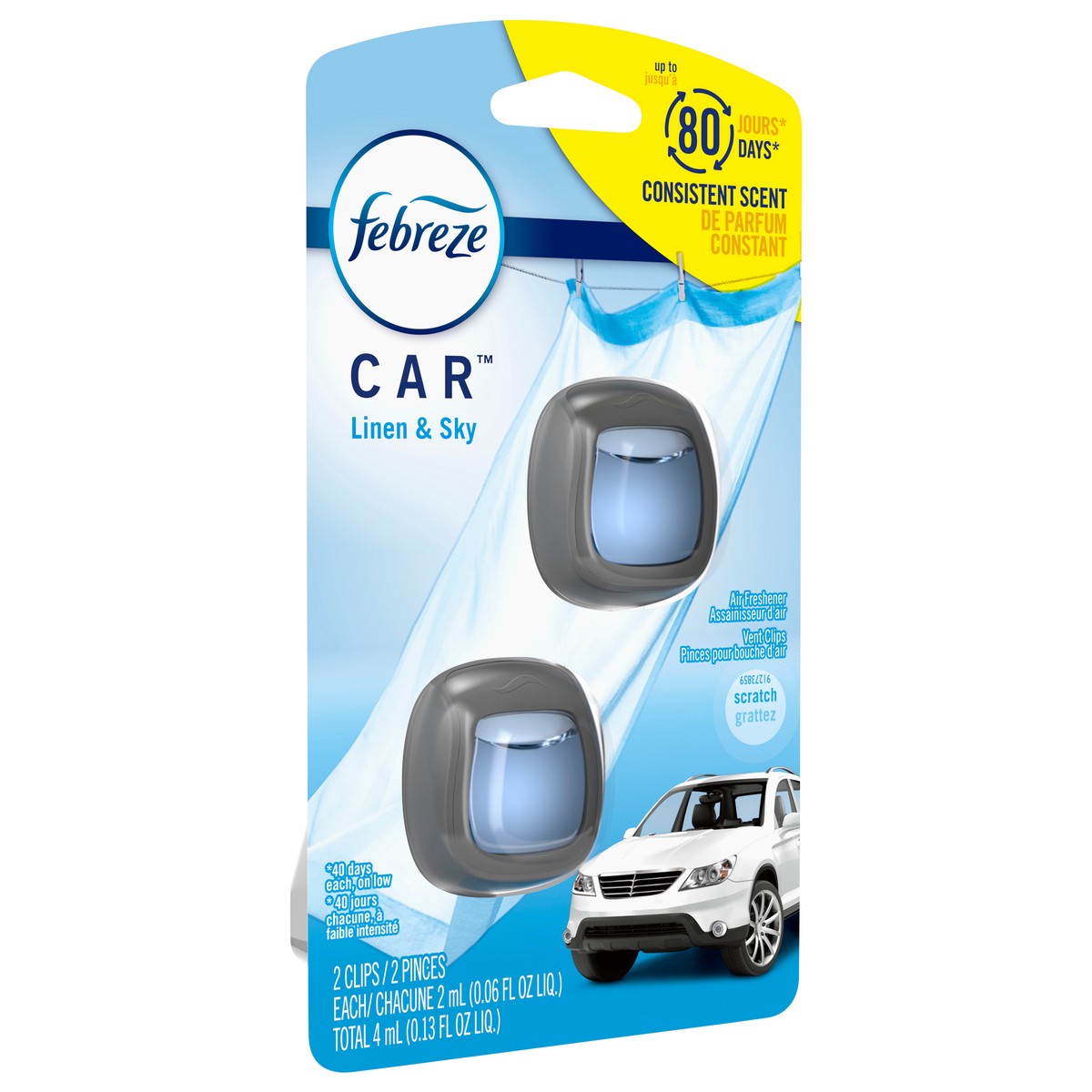 slide 2 of 8, Febreze Car Air Freshener, Odor-Fighting Automotive Vent Clip, Linen & Sky Scent, 2 Count, 2 ct