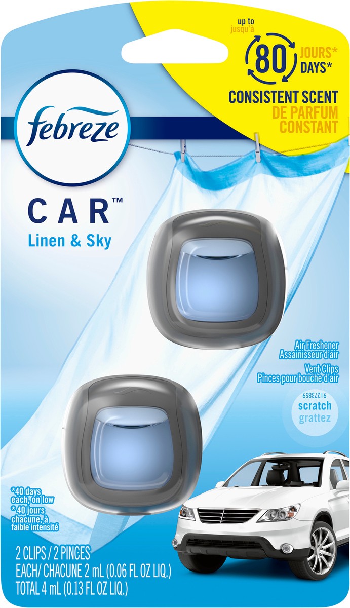 slide 5 of 8, Febreze Car Air Freshener, Odor-Fighting Automotive Vent Clip, Linen & Sky Scent, 2 Count, 2 ct