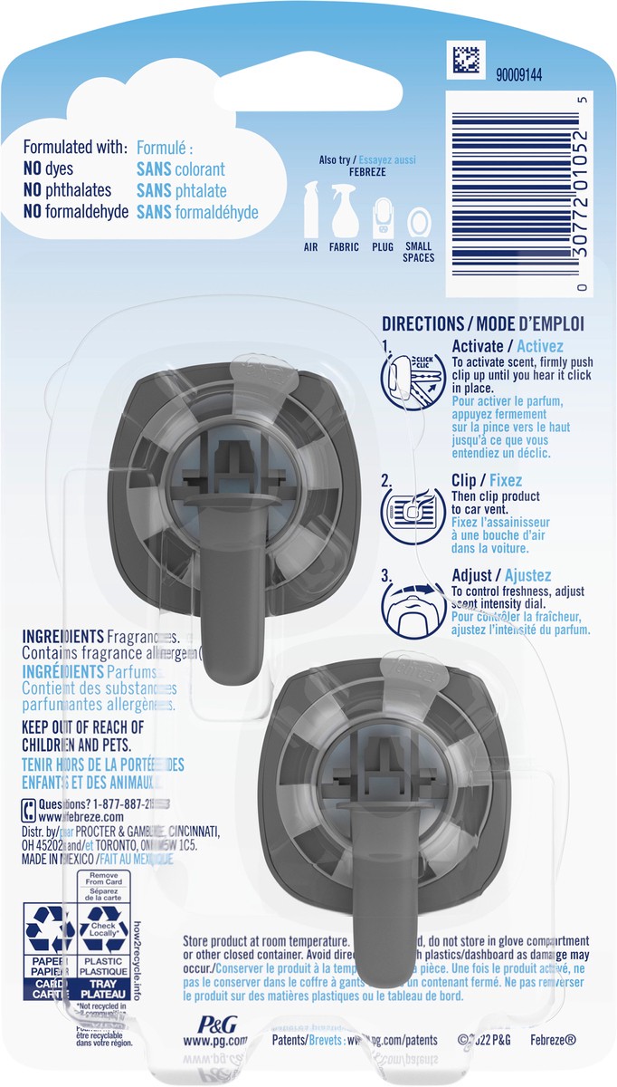 slide 3 of 8, Febreze Car Air Freshener, Odor-Fighting Automotive Vent Clip, Linen & Sky Scent, 2 Count, 2 ct