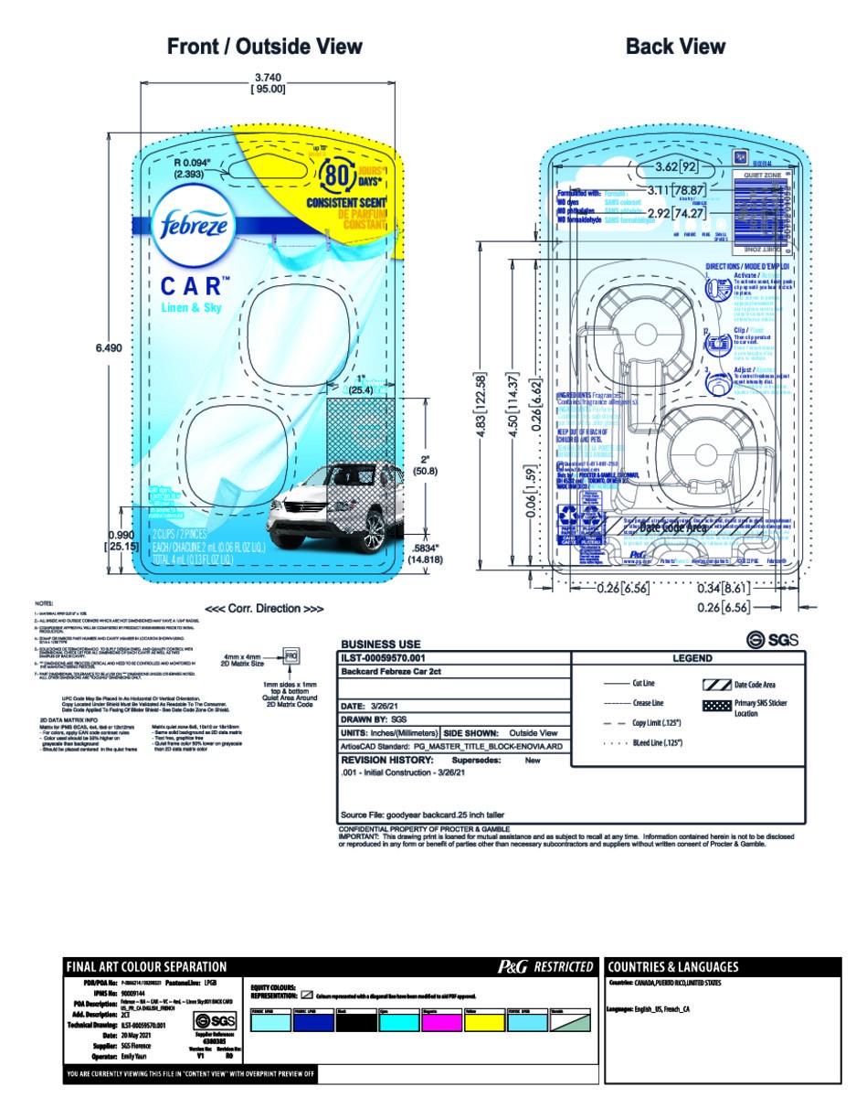 slide 8 of 8, Febreze Car Air Freshener, Odor-Fighting Automotive Vent Clip, Linen & Sky Scent, 2 Count, 2 ct