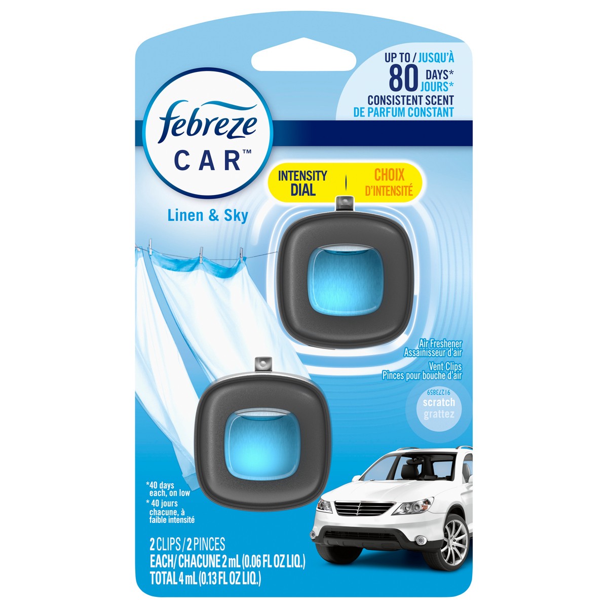 slide 1 of 8, Febreze Car Air Freshener, Odor-Fighting Automotive Vent Clip, Linen & Sky Scent, 2 Count, 2 ct
