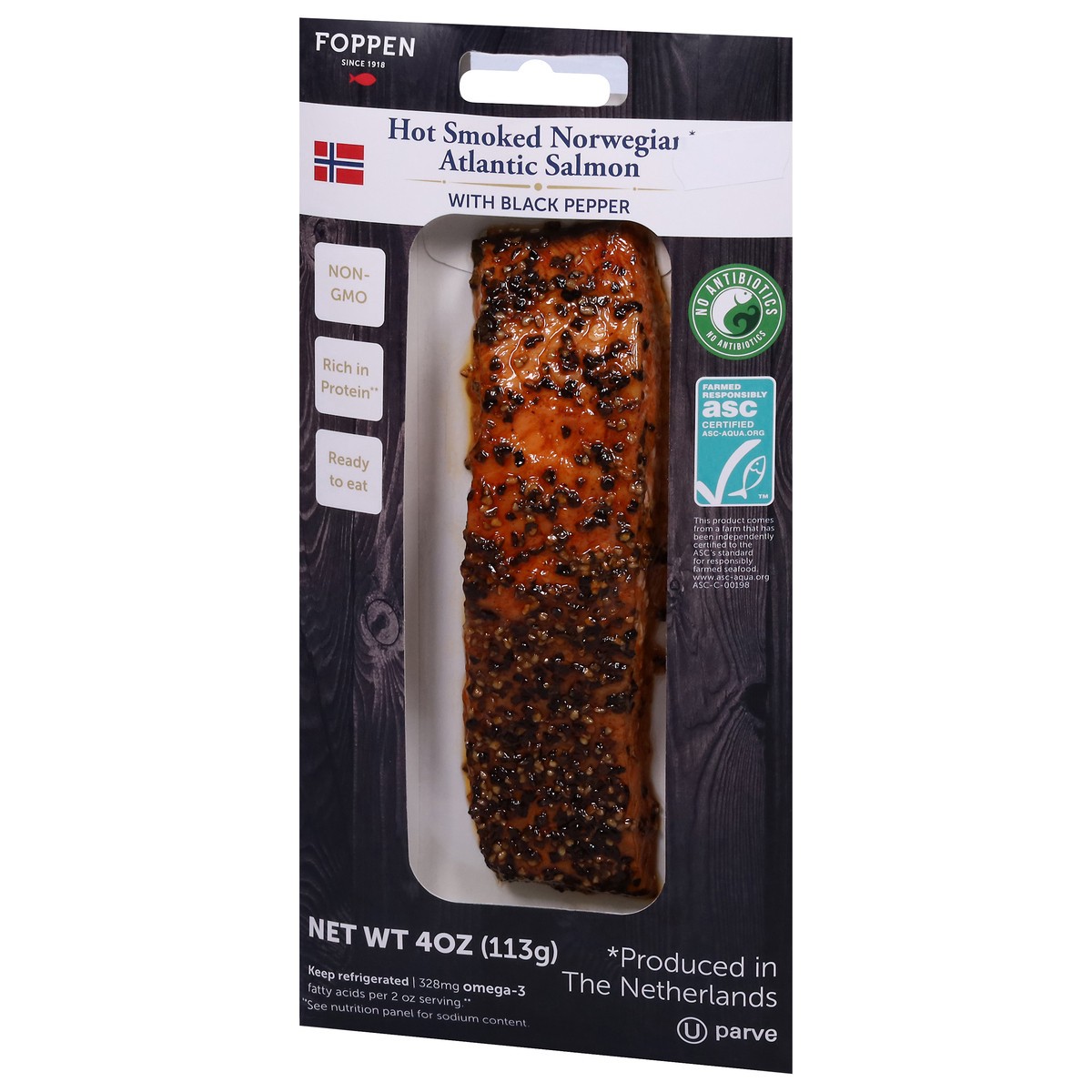 slide 3 of 9, Foppen with Black Pepper Hot Smoked Norwegian Atlantic Salmon with Black Pepper 4 oz, 4 oz