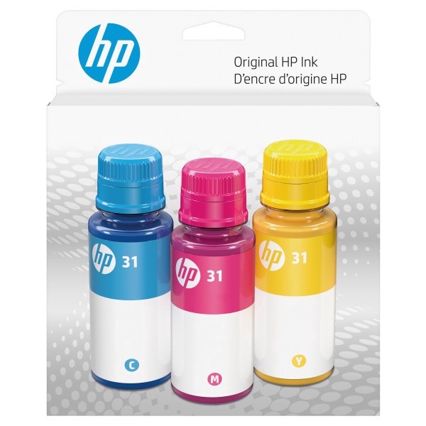 slide 1 of 2, Hp 31 Cyan; Magenta; Yellow Assorted Colors High-Yield Original Ink Bottles, Pack Of 3 Bottles, 3 ct