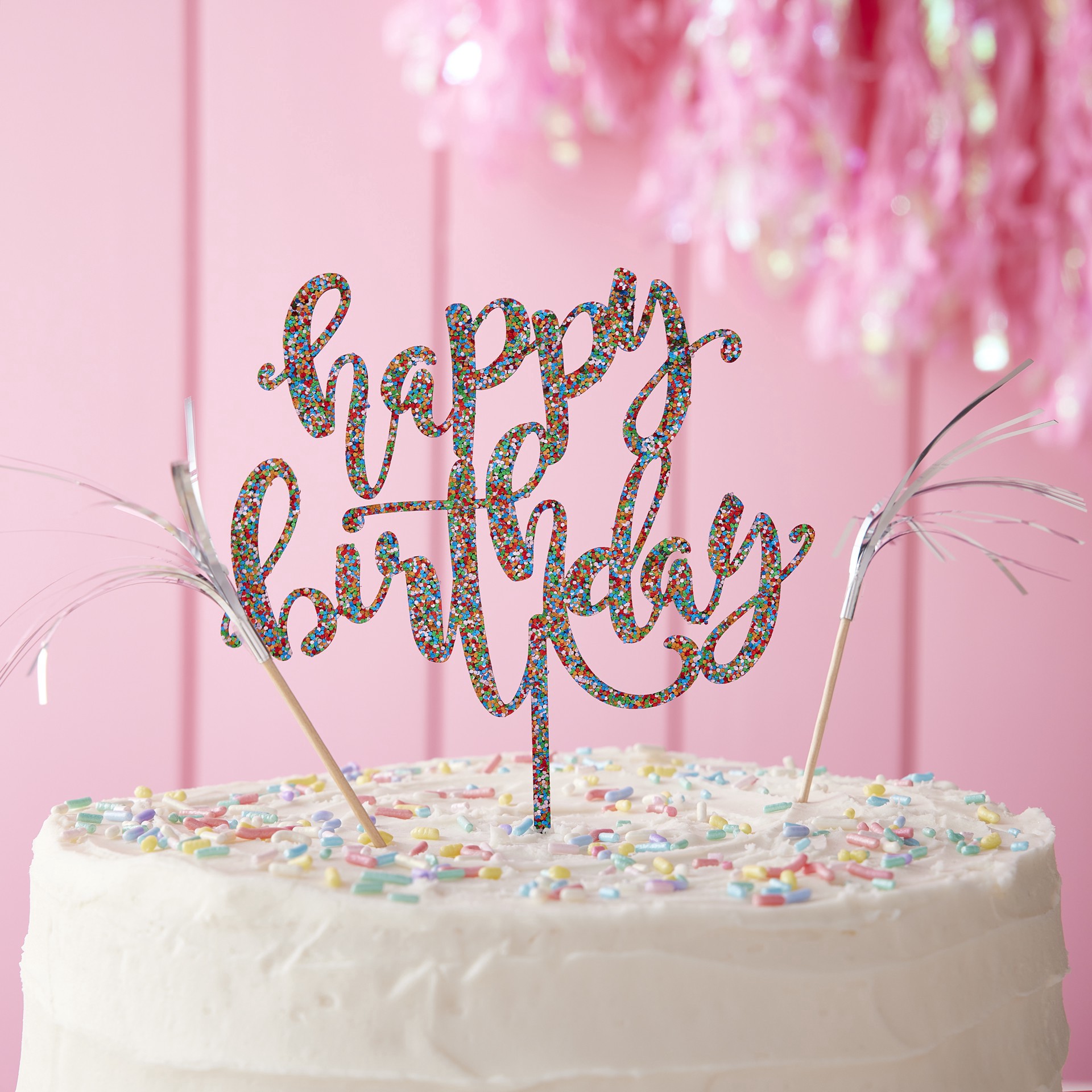 slide 2 of 4, Multicolor Glitter Happy Birthday Cake Topper By Celebrate It, 4.78 in x 5.25 in