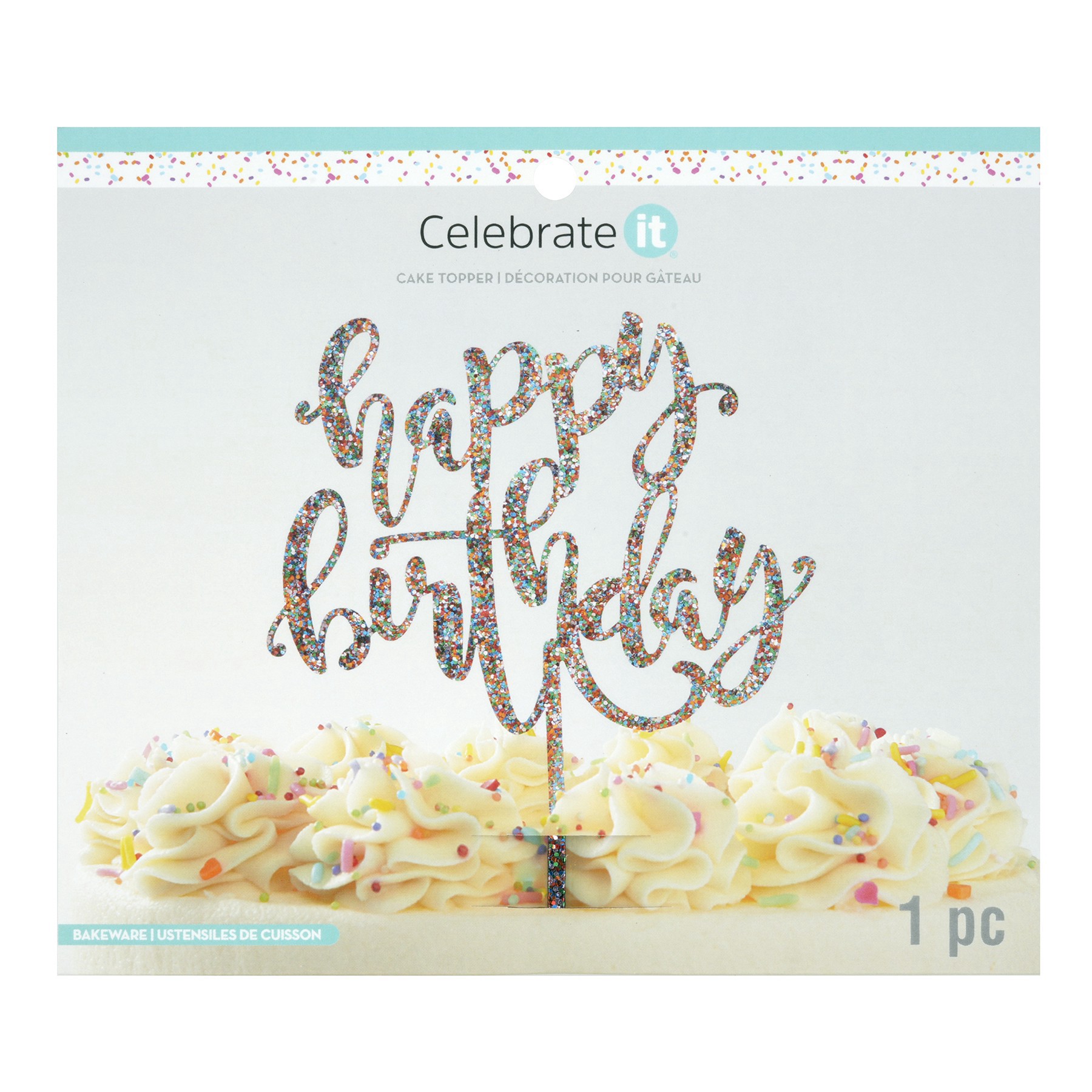 slide 3 of 4, Multicolor Glitter Happy Birthday Cake Topper By Celebrate It, 4.78 in x 5.25 in