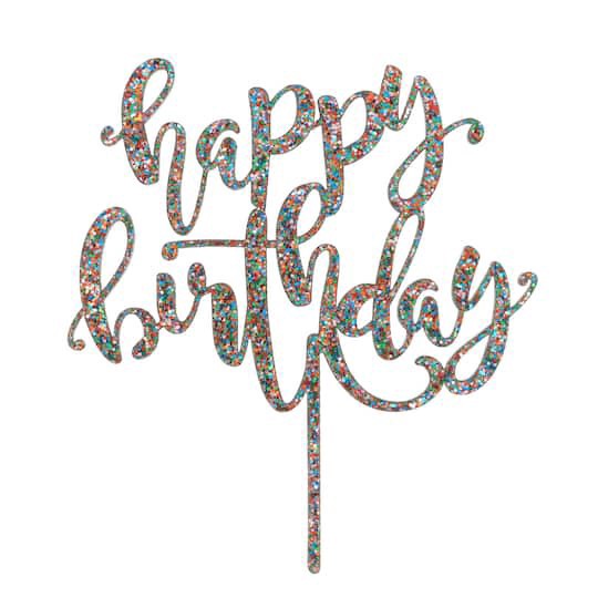 slide 1 of 4, Multicolor Glitter Happy Birthday Cake Topper By Celebrate It, 4.78 in x 5.25 in