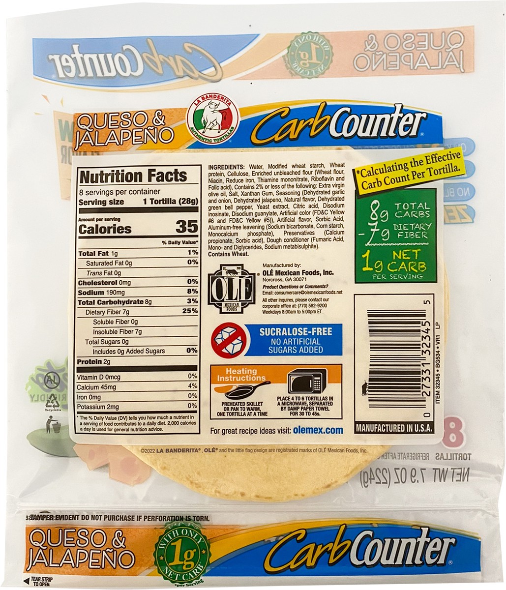 slide 7 of 9, La Banderita Carb Counter Queso & Jalapeño Flour Tortillas, 8 ct