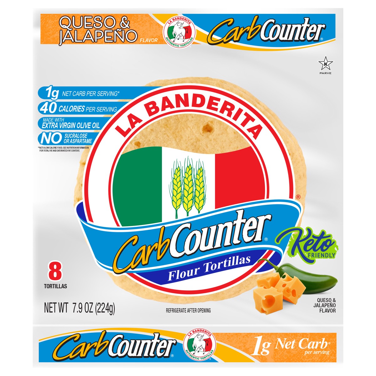 slide 1 of 9, La Banderita Carb Counter Queso & Jalapeño Flour Tortillas, 8 ct