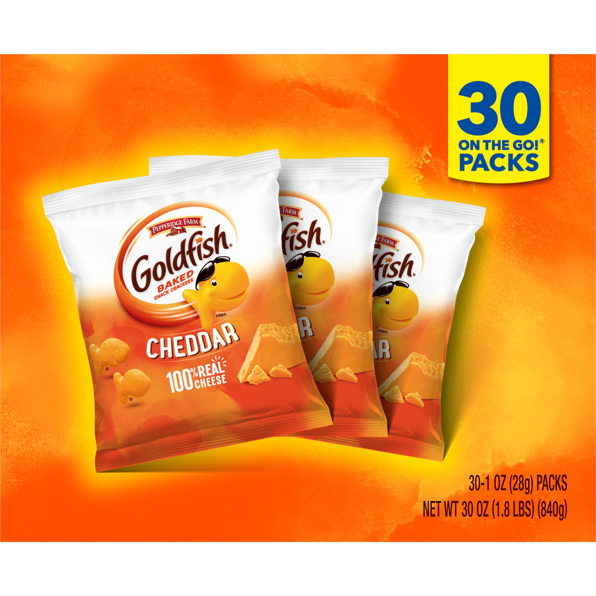 slide 4 of 5, Pepperidge Farm Goldfish Cheddar Crackers, Snack Pack, 1 oz, 30 CT Multi-Pack Box, 30 oz