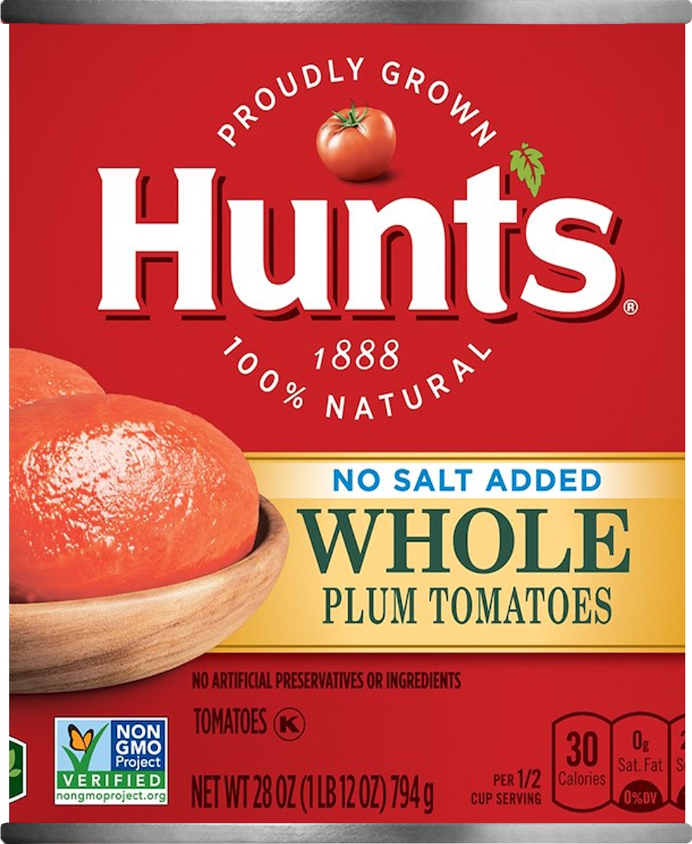slide 4 of 5, Hunt's No Salt Added Whole Peeled Plum Tomatoes, 28 oz