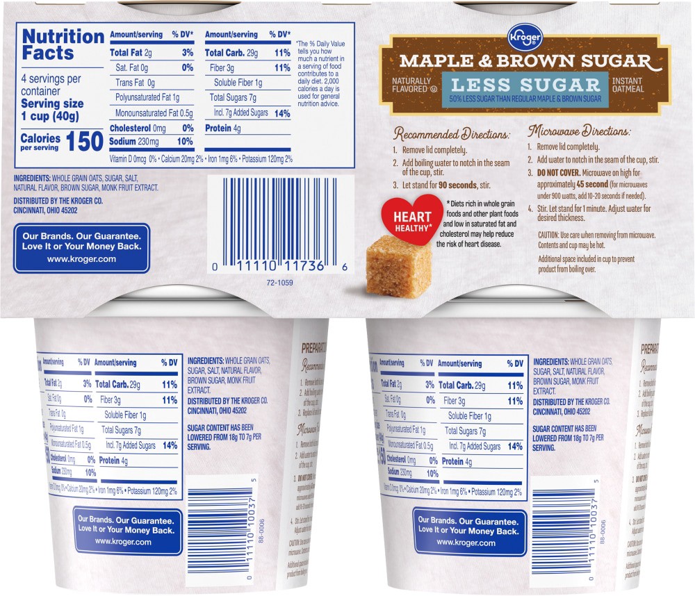 slide 3 of 3, Kroger Less Sugar Maple & Brown Sugar Instant Oatmeal Cups, 4 ct; 1.41 oz