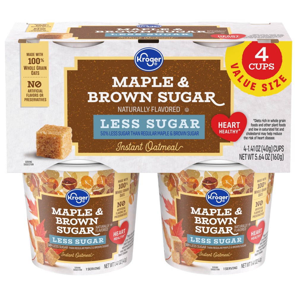 slide 2 of 3, Kroger Less Sugar Maple & Brown Sugar Instant Oatmeal Cups, 4 ct; 1.41 oz