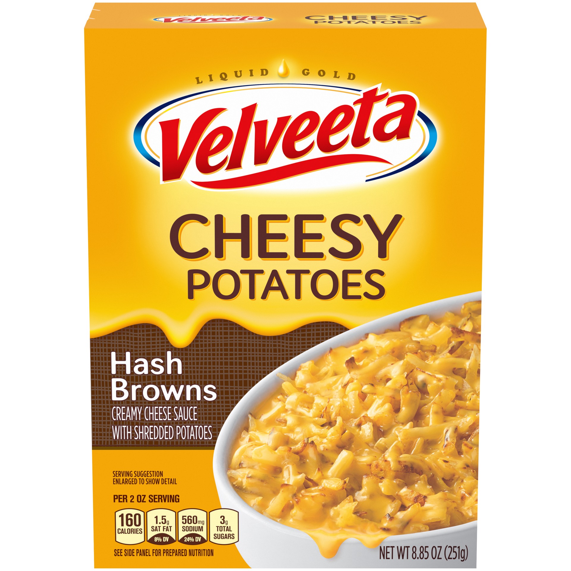 slide 1 of 5, Velveeta Cheesy Potatoes Shredded Hash Browns with Creamy Cheese Sauce, 8.85 oz Box, 8.8 oz