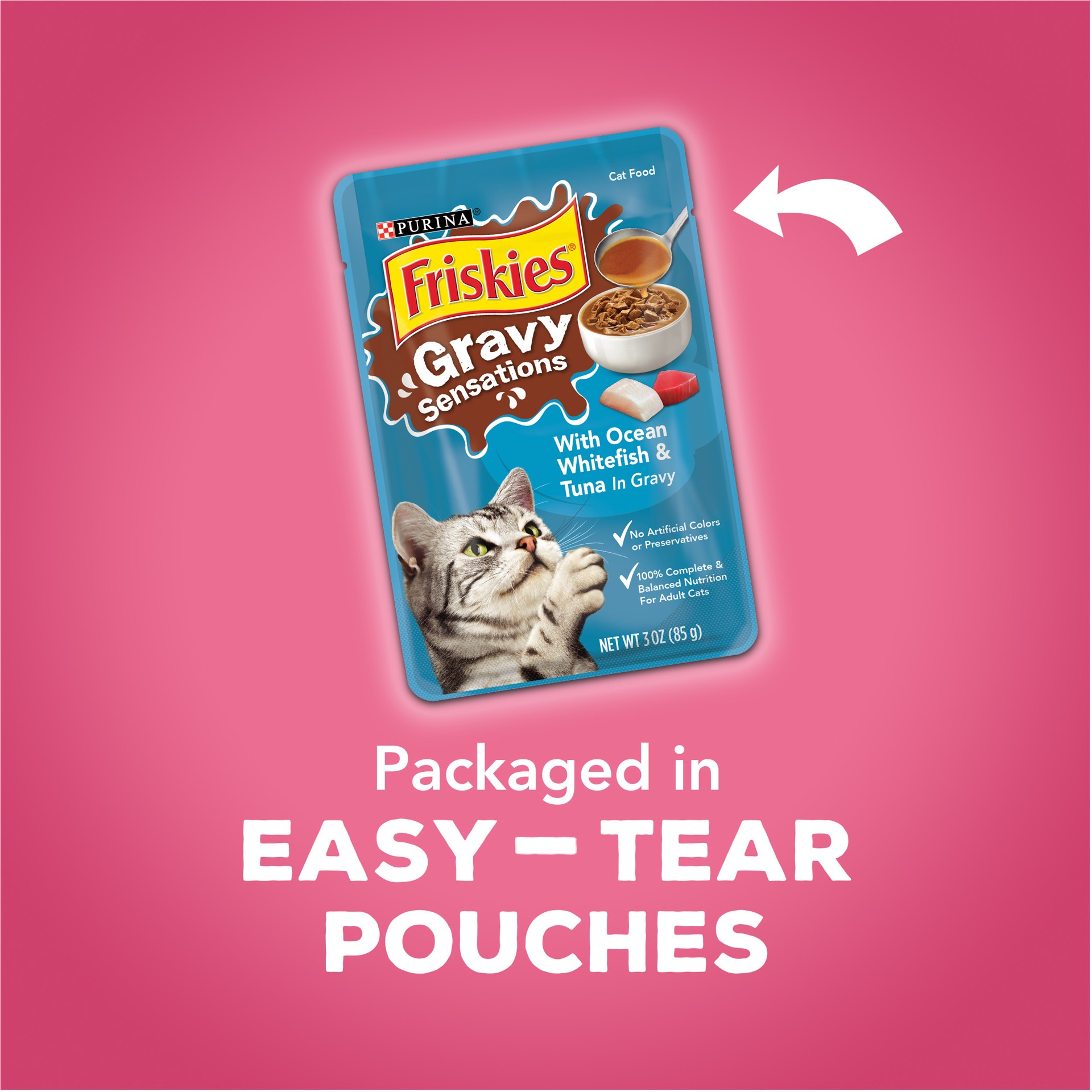 slide 7 of 7, Purina Friskies Gravy Wet Cat Food Variety Pack, Gravy Sensations Surfin' and Turfin' Pouches, 36 oz