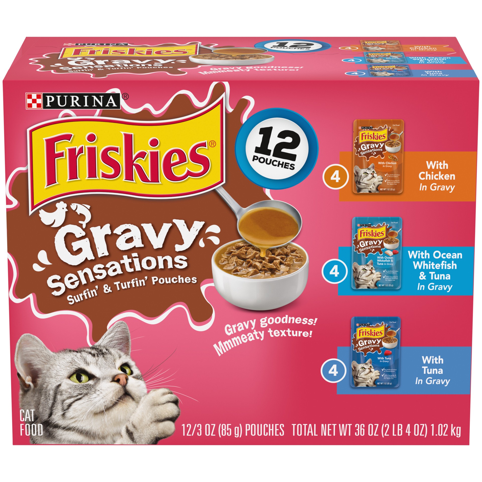 slide 1 of 7, Purina Friskies Gravy Wet Cat Food Variety Pack, Gravy Sensations Surfin' and Turfin' Pouches, 36 oz