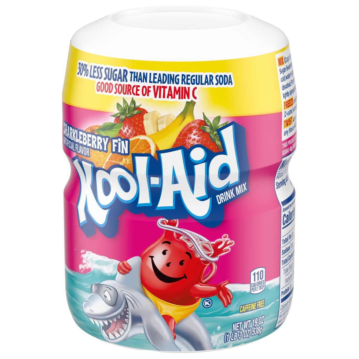 slide 5 of 9, Kool-Aid Sugar-Sweetened Sharkleberry Fin Strawberry Orange Punch Artificially Flavored Powdered Soft Drink Mix, 19 oz Canister, 19 oz