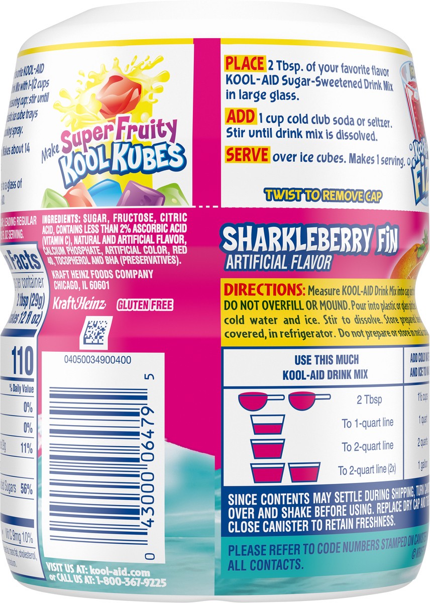 slide 6 of 9, Kool-Aid Sugar-Sweetened Sharkleberry Fin Strawberry Orange Punch Artificially Flavored Powdered Soft Drink Mix, 19 oz Canister, 19 oz