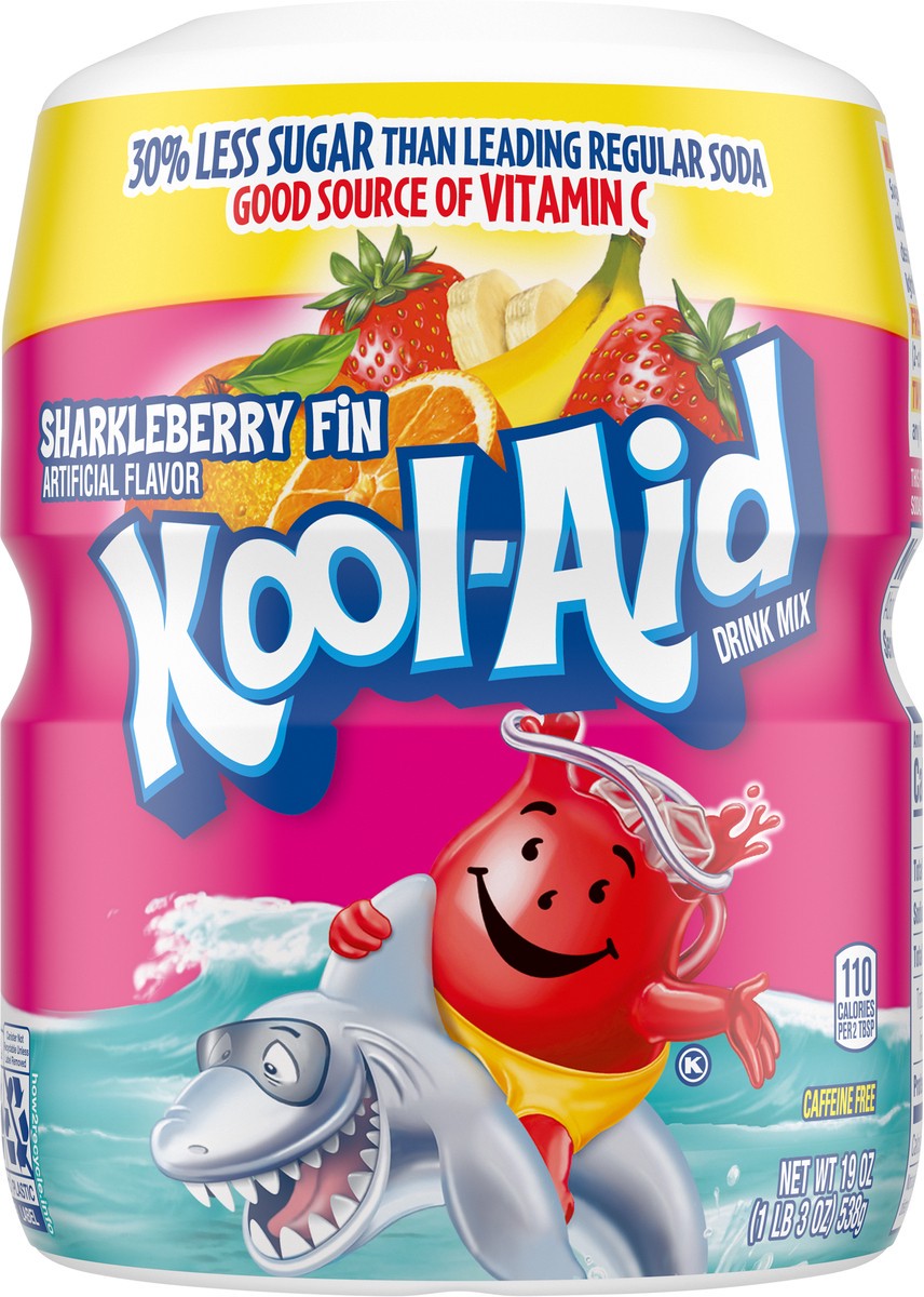 slide 8 of 9, Kool-Aid Sugar-Sweetened Sharkleberry Fin Strawberry Orange Punch Artificially Flavored Powdered Soft Drink Mix, 19 oz Canister, 19 oz