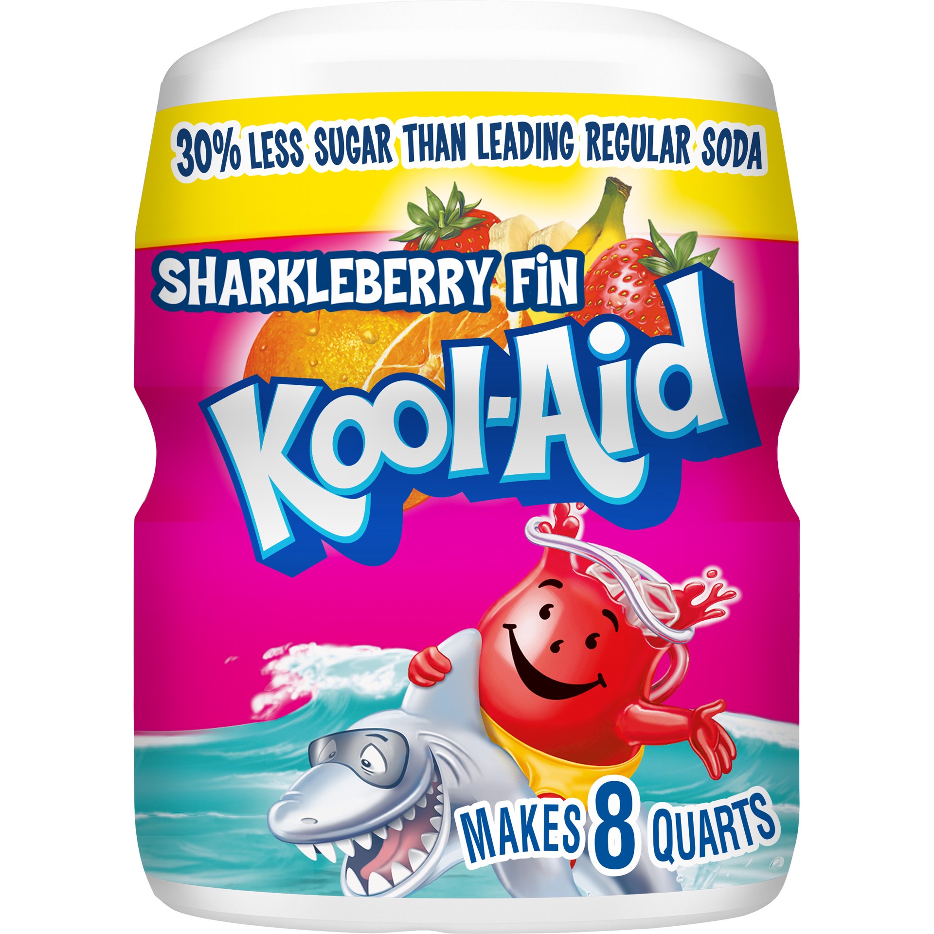 slide 1 of 9, Kool-Aid Sugar-Sweetened Sharkleberry Fin Strawberry Orange Punch Artificially Flavored Powdered Soft Drink Mix, 19 oz Canister, 19 oz